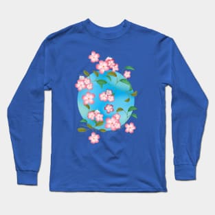 Cherry Blossoms on Blue Long Sleeve T-Shirt